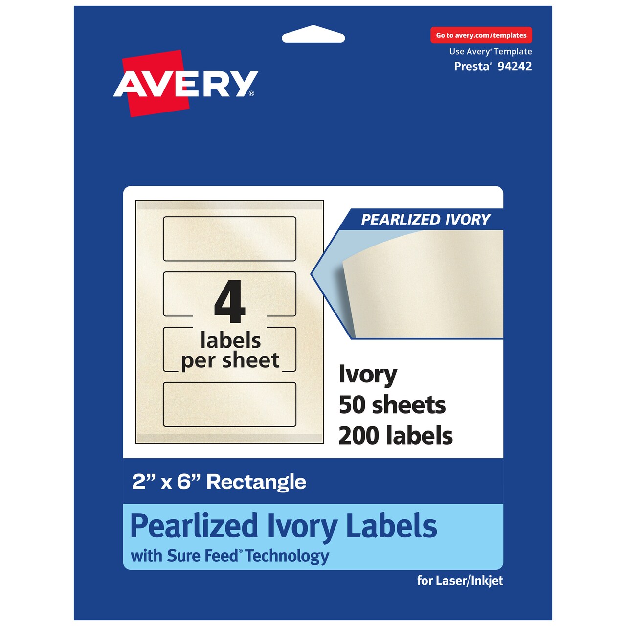 Avery Pearlized Ivory Rectangle Labels with Sure Feed Technology, Print-to-the-Edge, 2" x 6"